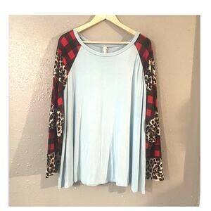 Now N Forever Women's Long Sleeve Scoop Neck T Shirt Blue with Red Buffalo Plaid